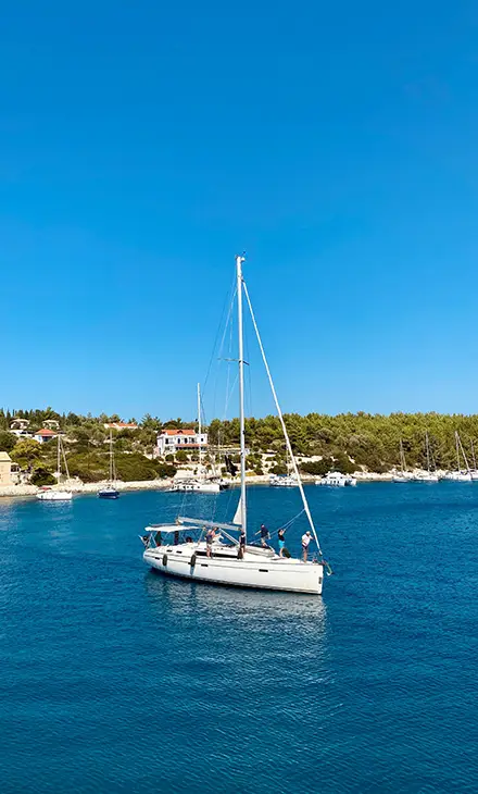 Sailing yacht in the Mediterranean with a group of friends on-board